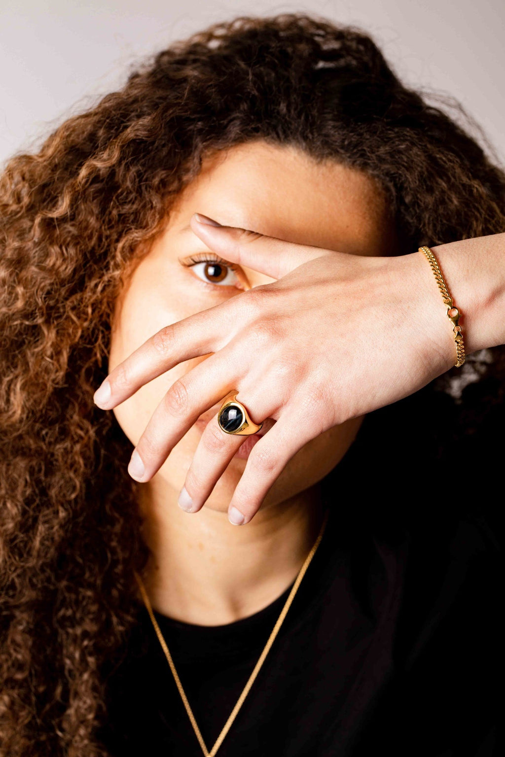 IX Oval Signet Hawks Eye Gold Plated Ring