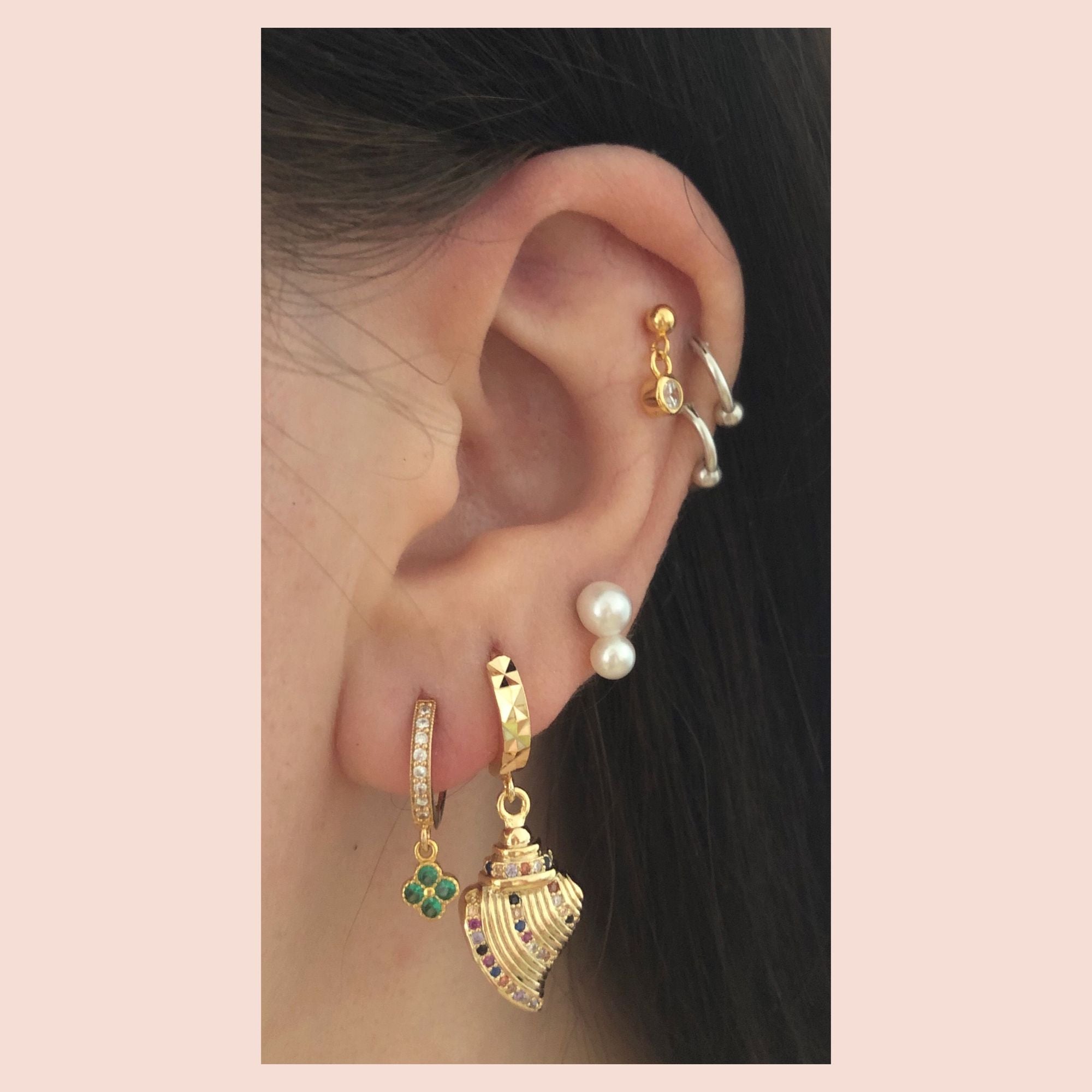 Grøn Clover 18K Forgyldt Hoop m. Hvide & Grønne Zirkoner