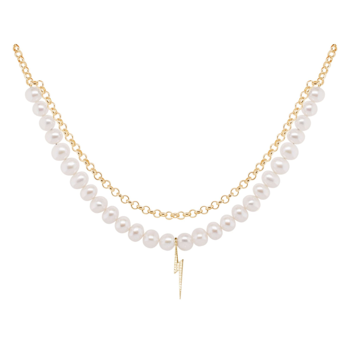 Bolt Gold Plated Necklace w. Pearl & Zirconia
