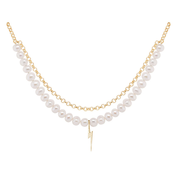 Bolt Gold Plated Necklace w. Pearl & Zirconia