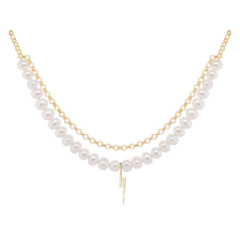 Bolt Gold Plated Necklace w. Pearl & Zirconia