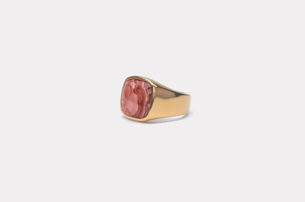 IX Cushion Rhodocrosite Signet Gold Plated Ring
