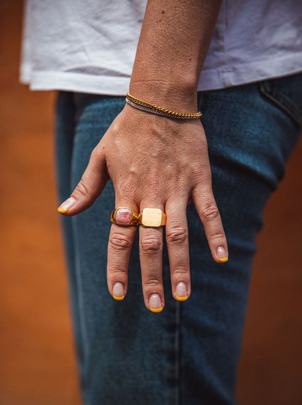 IX Cushion Rhodocrosite Signet Gold Plated Ring