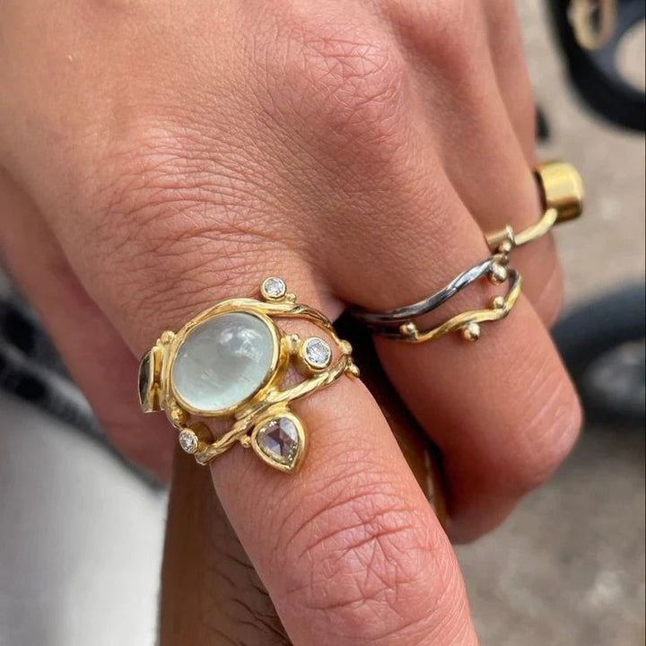 Double Seafire 18K Gold Ring w. Sapphire, Diamond & Aquamarine