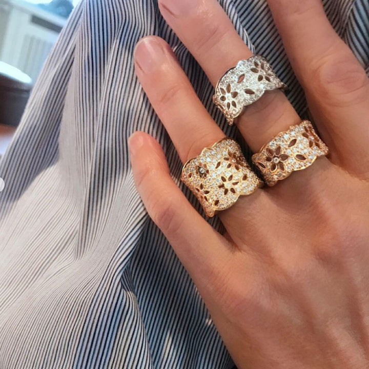 Stor Lace Pavé 18K Guld Ring m. Diamanter