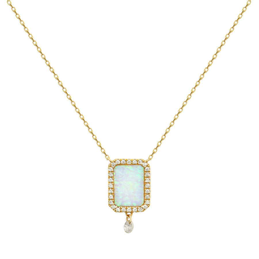 Collier Semi Precious 18K Guld Halskæde m. Hvid Opal & Diamanter