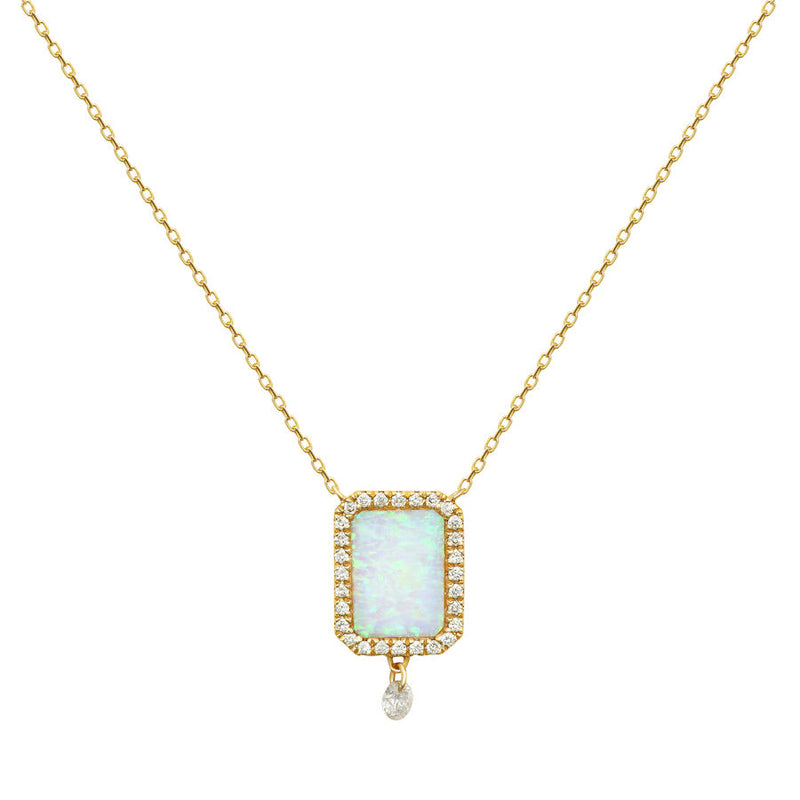 Collier Semi Precious 18K Guld Halskæde m. Hvid Opal & Diamanter
