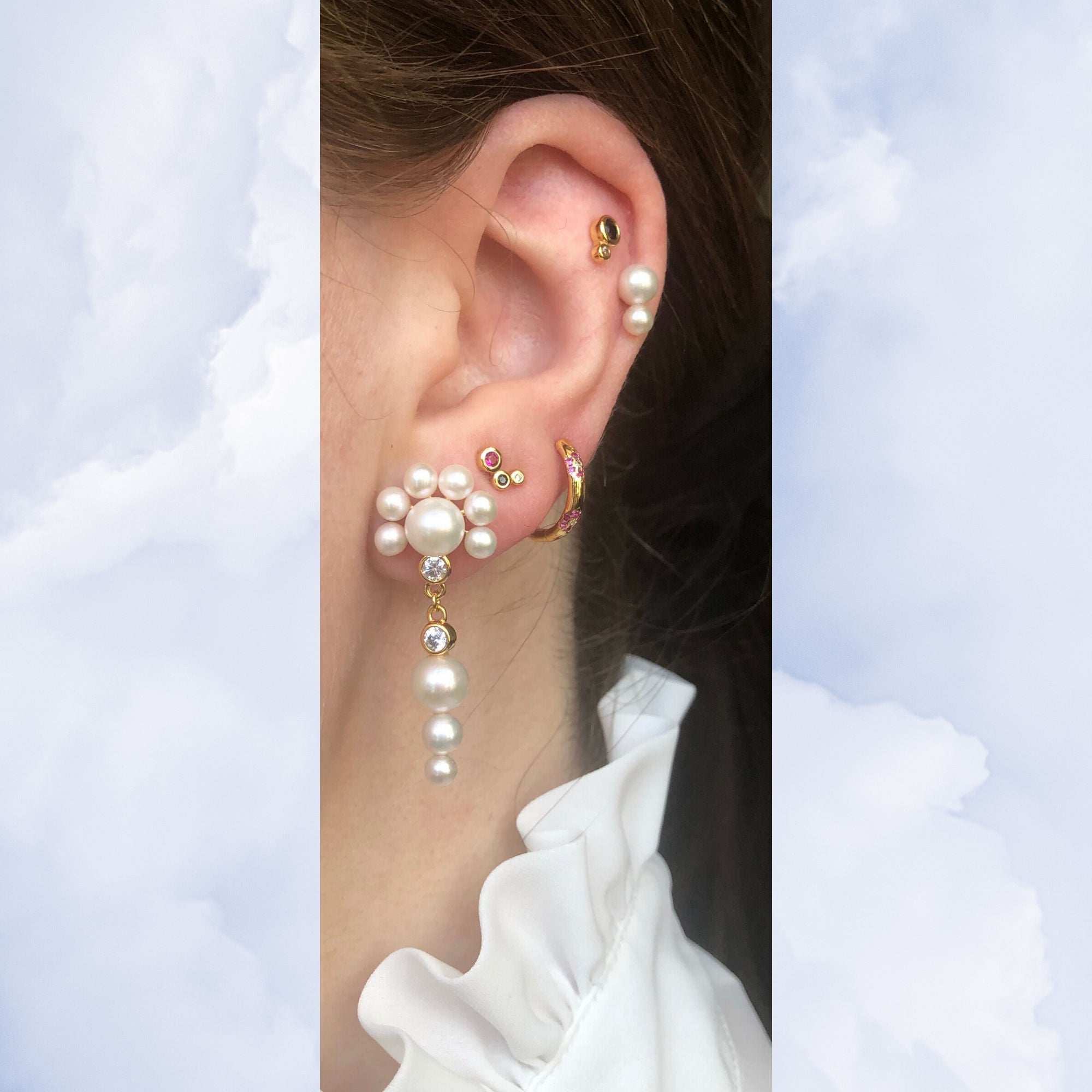 Trinity 18K Gold Plated Stud w. White, Black & Pink Zirconia