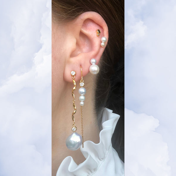 Nuit Hook Threader 18K Gold Plated Earring w. White Pearls & Zirconia