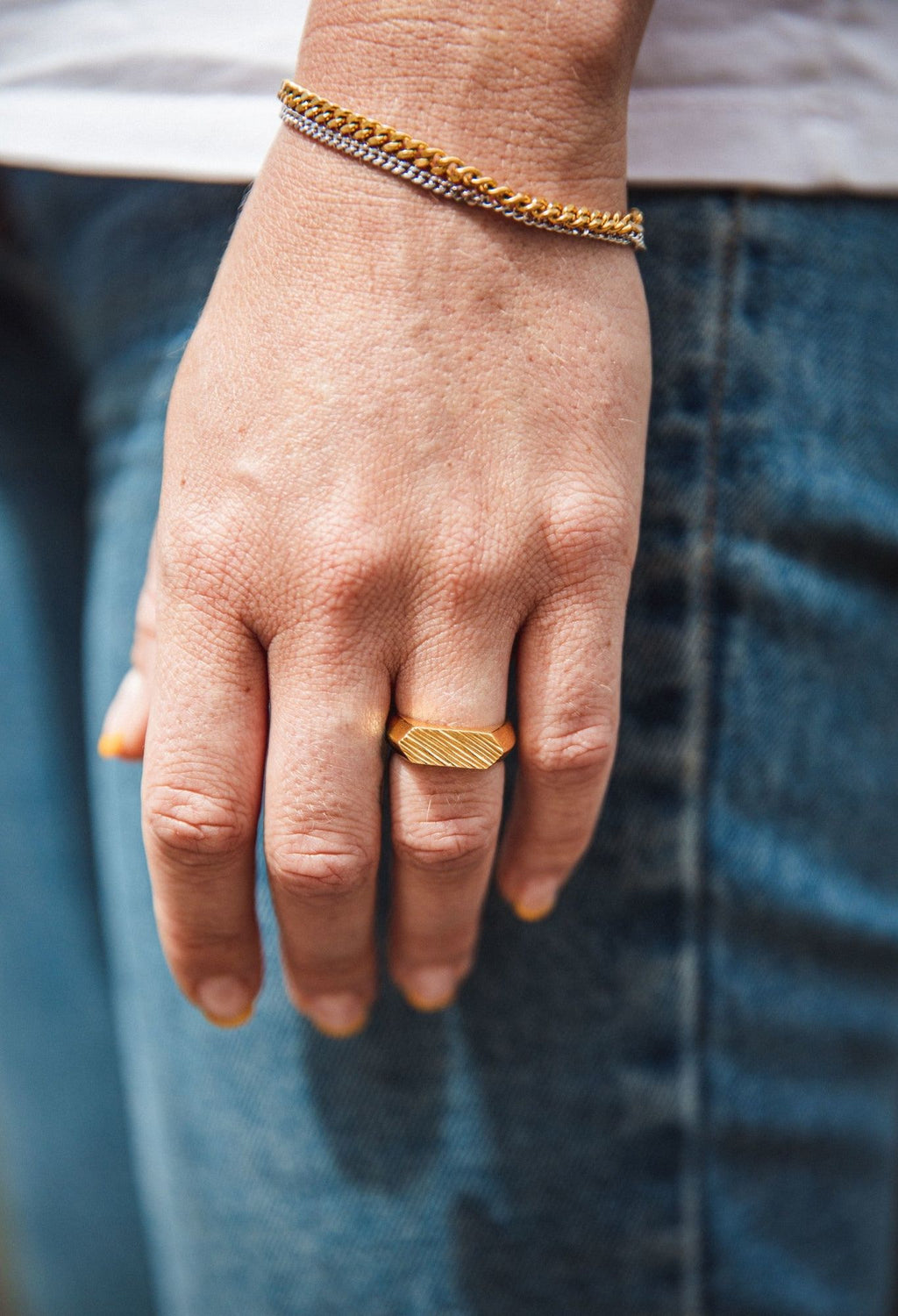 IX Mini Brushed Hexagon Gold Plated Ring