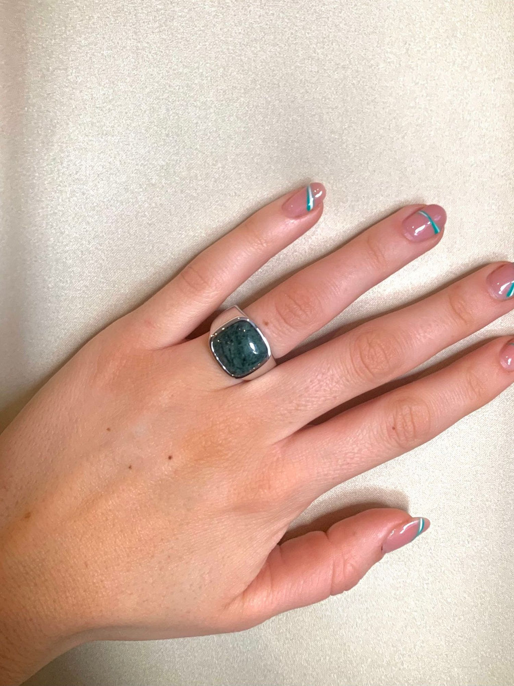 IX Cushion Marble Silver Signet Ring