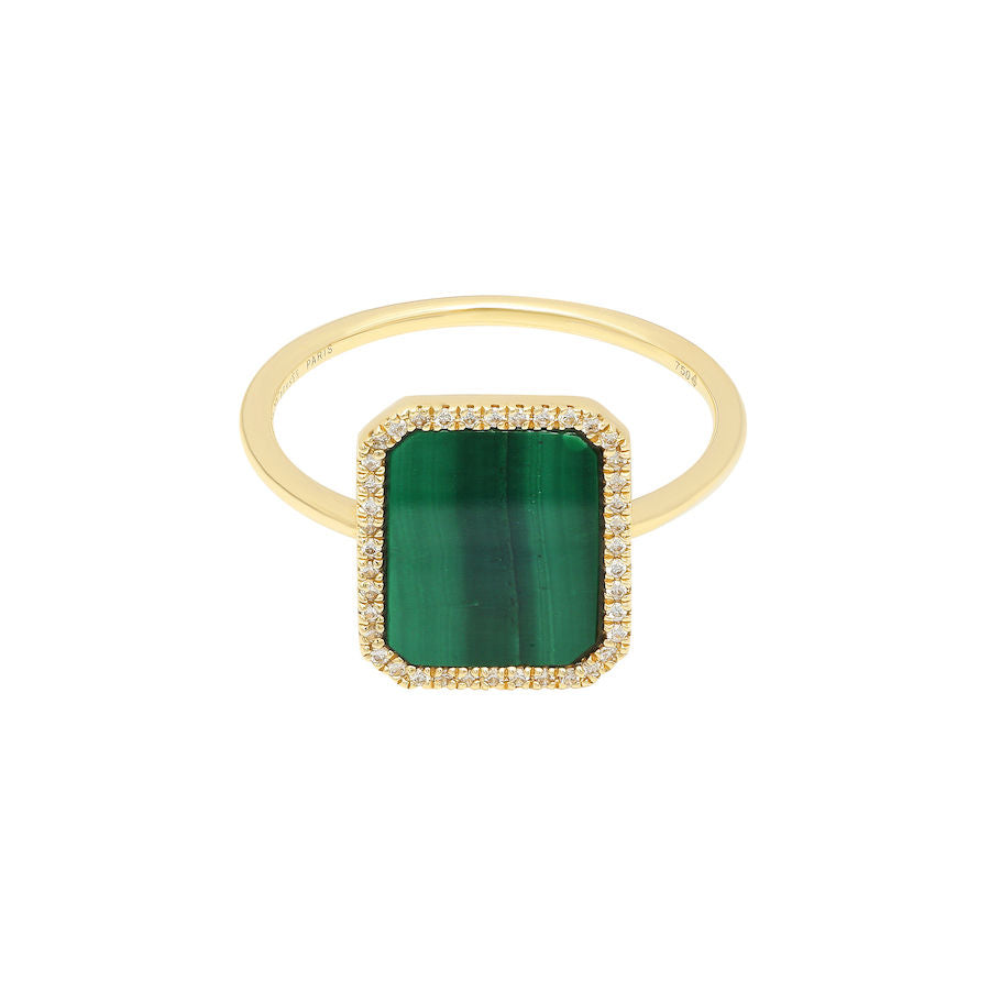 Bague Semi Precious 18K Gold Ring w. Malachite & Diamonds