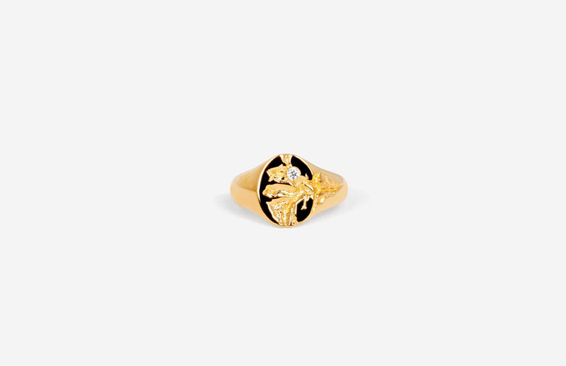 IX Mini Oval Nature Signet 22K vergoldeter Ring mit Zirkon