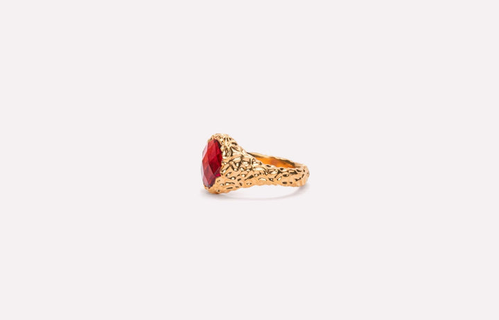 IX Crunchy Ornate Garnet Signet Gold Plated Ring