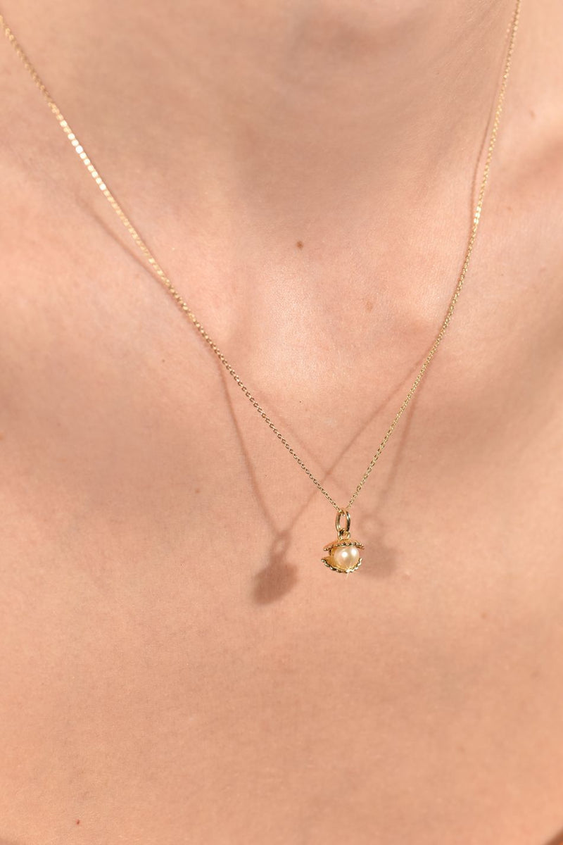 Venus Clam 14K Gold Necklace w. Pearl