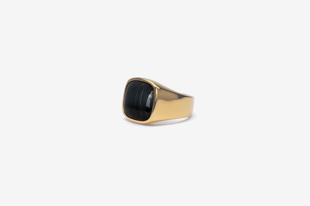 IX Cushion Signet 22K Gold Plated Ring w. Hawks Eye Ring