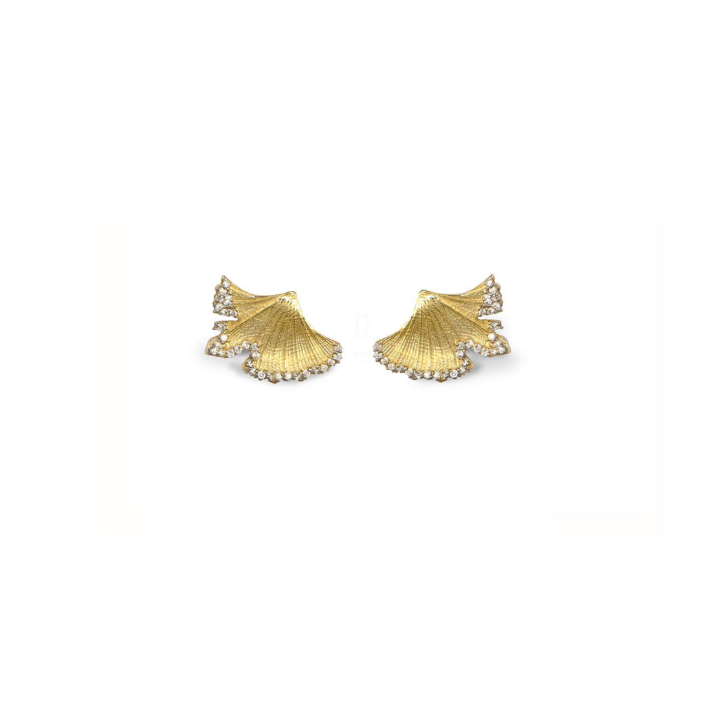 Ginkgo Leaf 14K Gold Studs w. Diamonds
