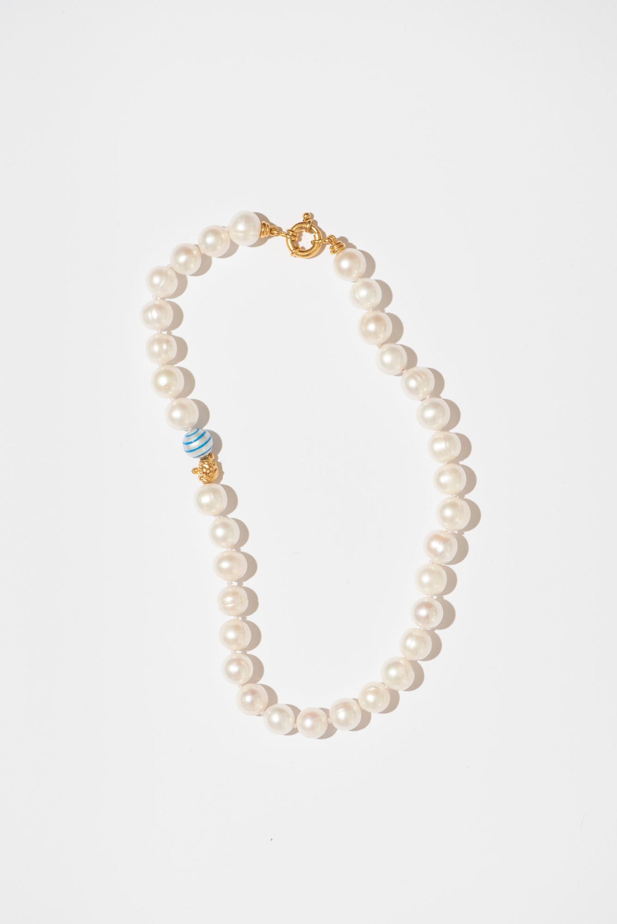 The Big Classic Blue Stripes Gold Plated Necklace w. Pearls