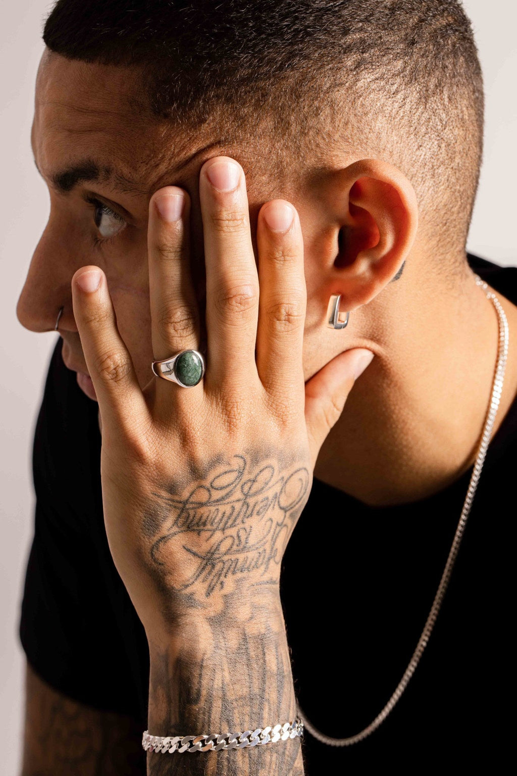 IX Oval Signet Ring Grøn Marmor Sølv