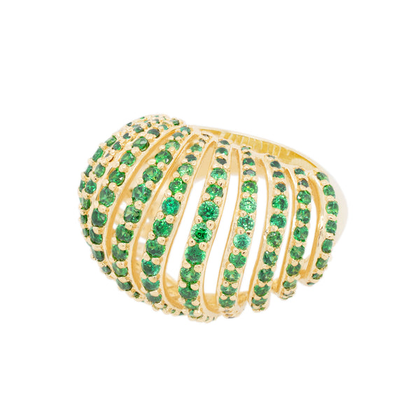 Ribbed VOID 18K Gold Plated Ring w. Green Zirconias