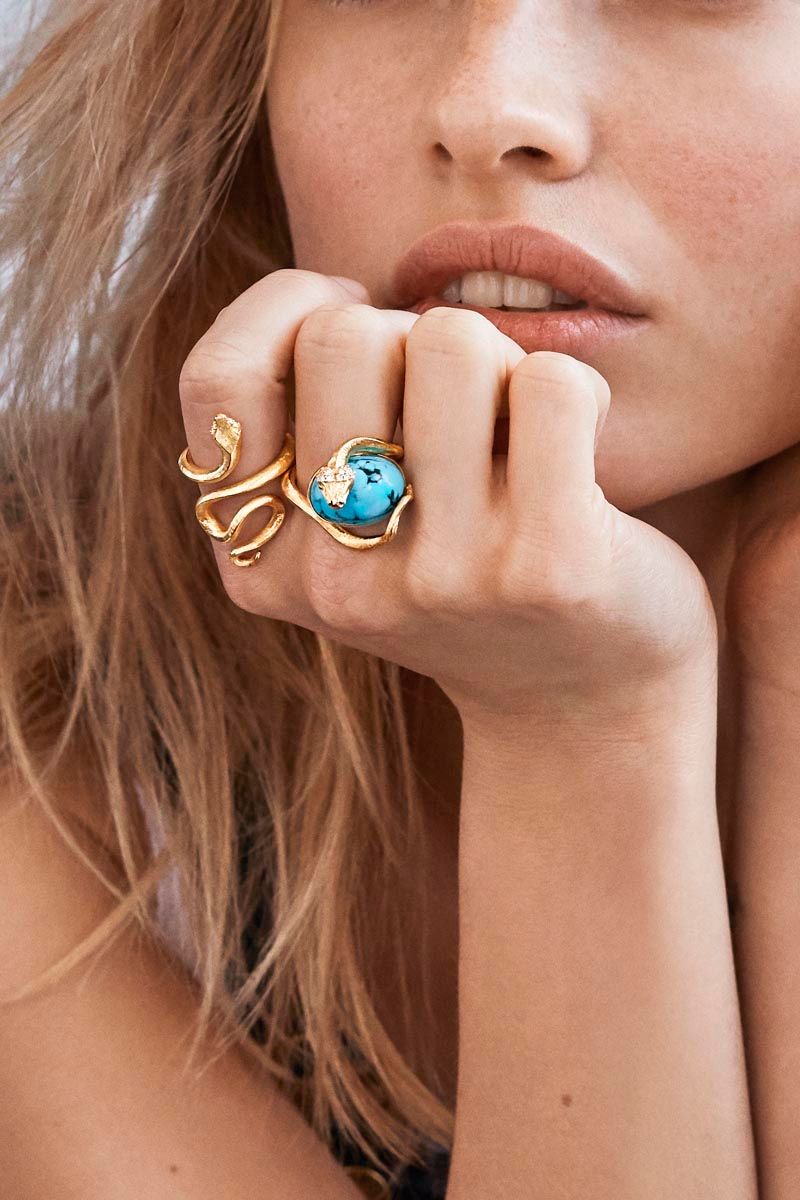 Snakes 18K Gold Ring w. Diamonds & Turquoise