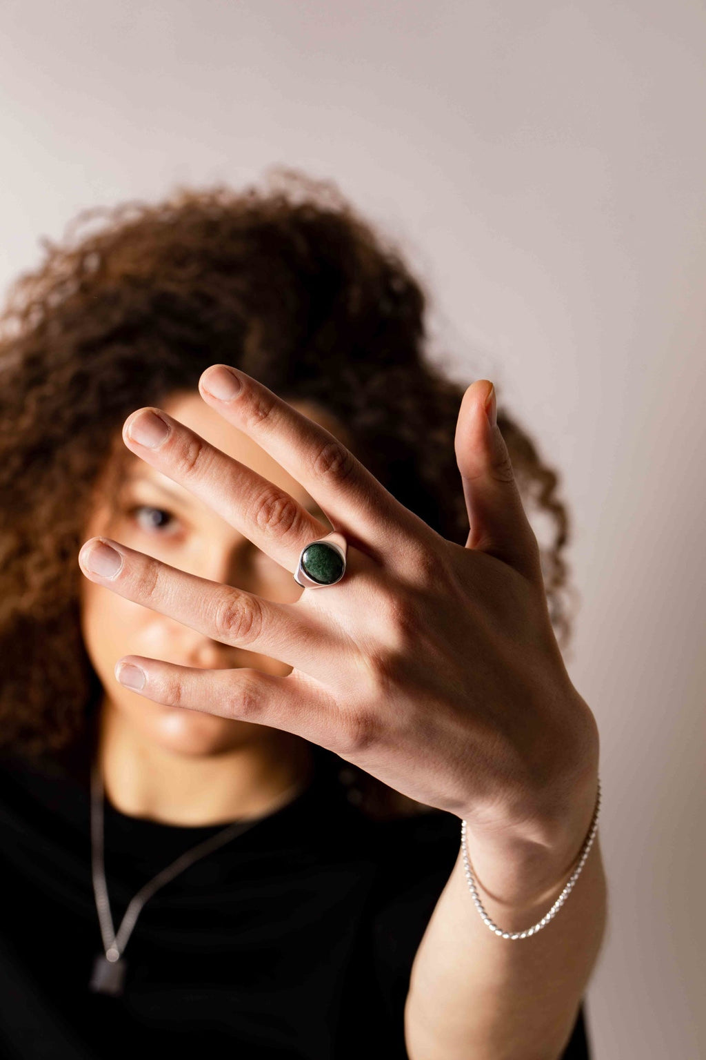 IX Oval Signet Ring Grøn Marmor Sølv