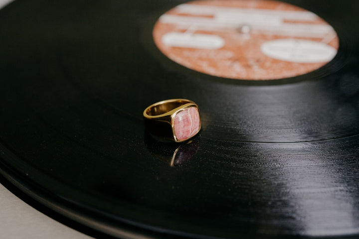 IX Cushion Rhodocrosite Signet Gold Plated Ring
